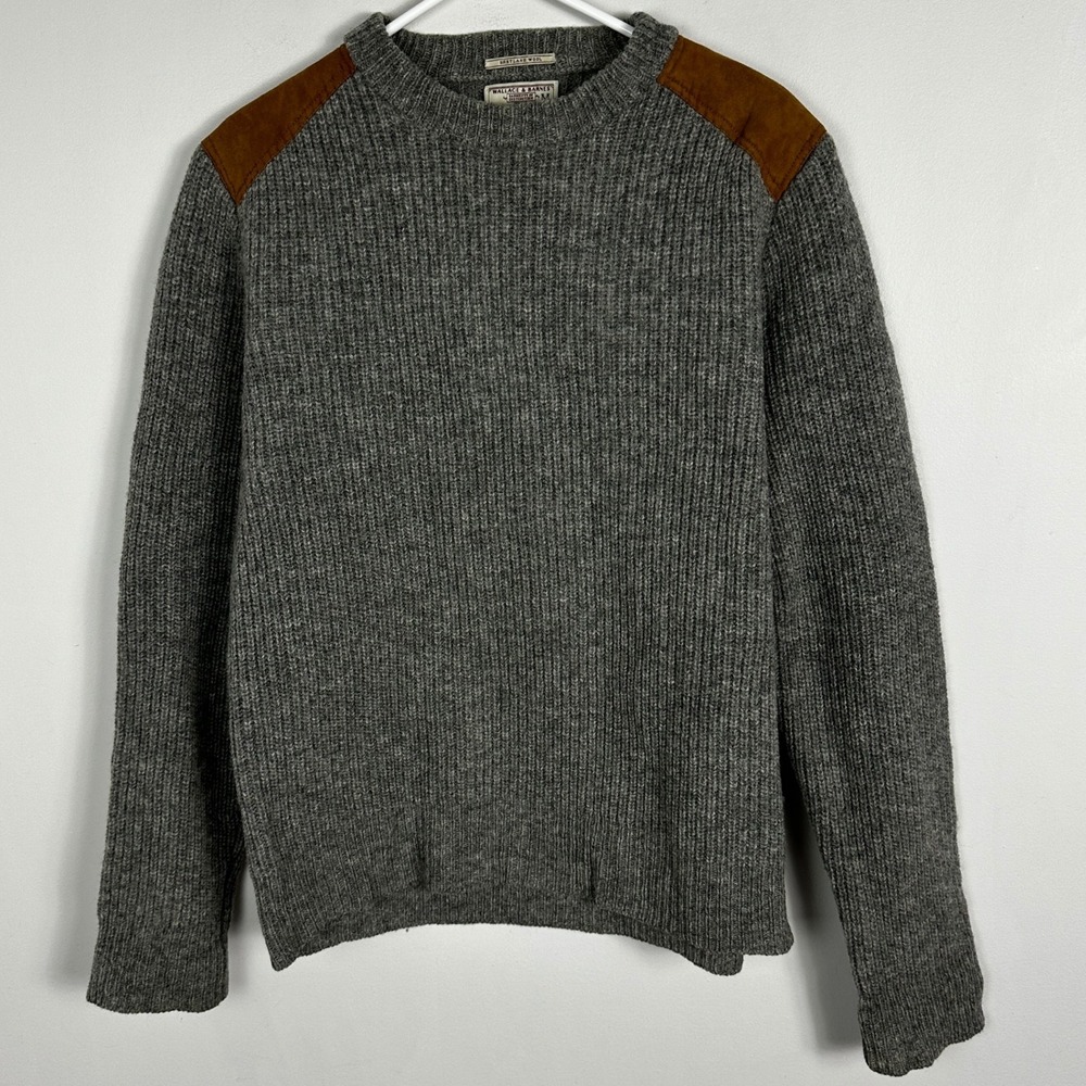100% Shetland Wool Shoulder Patch Sweater Grey Knit Mens Sz Medium Shetland Wool